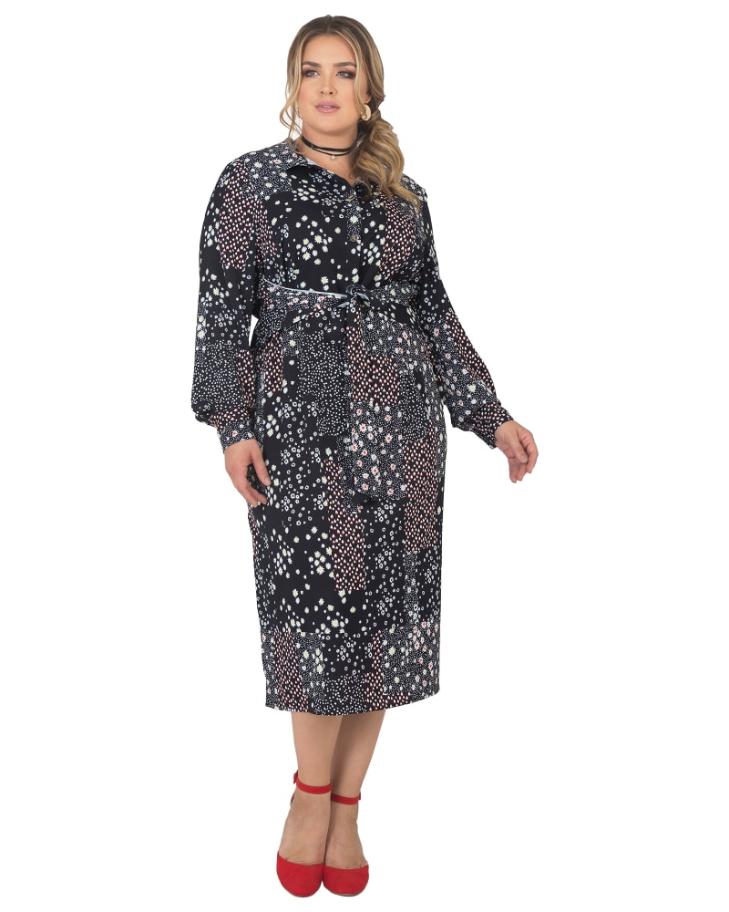 Front of a model wearing a size 1X Julia Midi Shirt Dress in Ditsy Floral by Standards & Practices. | dia_product_style_image_id:276308